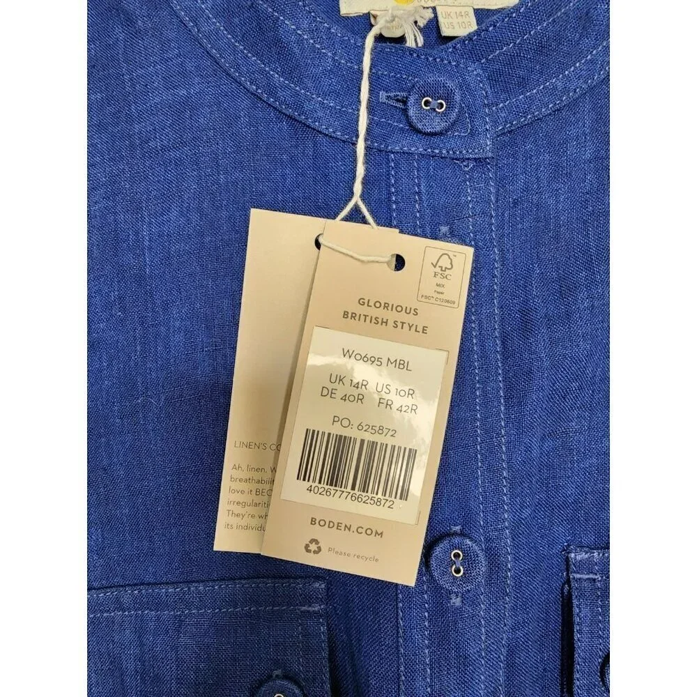 NWT Boden Size 10R Blue 100% Linen Button Shirt Light Jacket Pockets